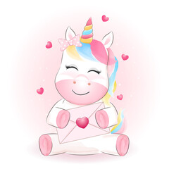 Cute Unicorn and letter with hearts valentine's day concept illustration