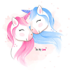 Couple Unicorn hand drawn cartoon animal watercolor illustration