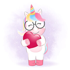 Cute Little Unicorn and Heart valentine's day concept illustration