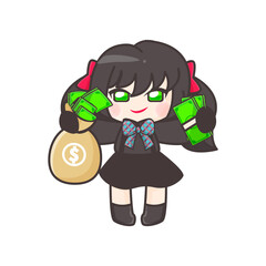 gothic girl holding money bag with crown