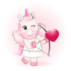 Little Cupid Unicorn and heart valentine's day concept illustration