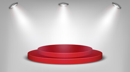 Red podium on gray background with spotlights illuminated illustration