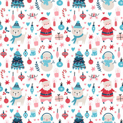 Seamless Christmas pattern with Santa clause, deer, tree, decoration, snowflakes, penguin, snowman and boxes.