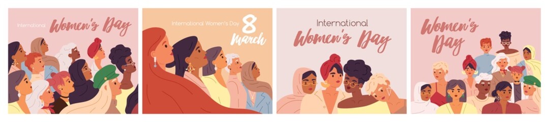 Set of card templates for International Women's Day with diverse multiethnic girls. Collection of modern card designs with 8 March inscription and place for text. Colorful flat vector illustration