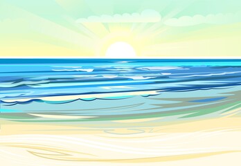 Sea coastal landscape. Flat style illustration. Sandy beach in the ocean, summer sky and distant horizon. Vector