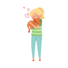 Young Girl Embracing Her Cat Pet and Stroking It Vector Illustration
