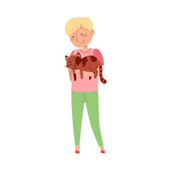 Young Boy Holding His Cat Pet and Stroking It Vector Illustration