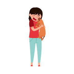 Woman Playing with Her Dog Puppy Vector Illustration