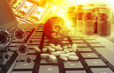 COVID-19 vaccine on laptop computer. 3d illustration.