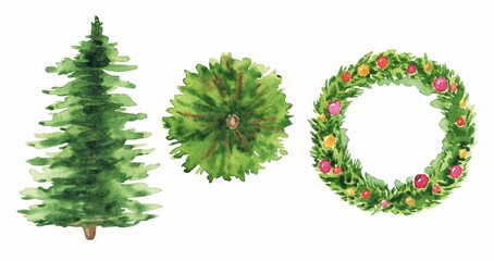 Watercolor Christmas wreath and fir tree on a white background. © Ann Lou