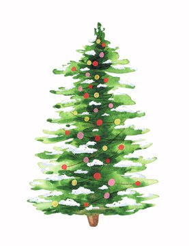 Watercolor Christmas tree isolated on white background.