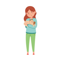 Woman Holding Her Dog Puppy in Arms Vector Illustration.