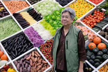 asian old elderly elder woman with fruit vegetables on shelf from farm