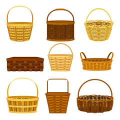 Wicker Basket as Container Woven from Stiff Fiber Vector Set