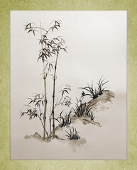 Bamboo stems. Traditional Japanese ink painting in a cardboard frame. Illustration.
