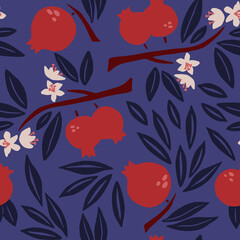 Pomegranate seamless pattern. Exotic tropical red fruit, juicy garnet with blue leaves and flowers, vector cartoon minimalistic isolated texture, textile, wrapping paper, wallpaper and fabric