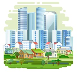 A village in the suburbs of a big city. Cityscape. High-rise buildings, skyscrapers and high-rise buildings. Green park area. Flat style. Isolated on white background. Vector