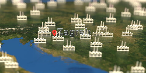 Factory icons near Zagreb city on the map, industrial production related 3D rendering