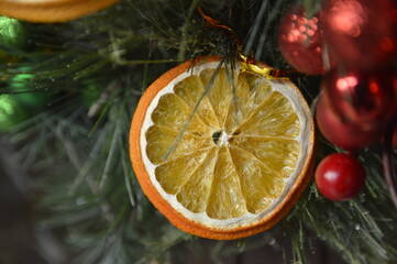 Christmas decoration with dried slices of oranges and grapefruit and pine cone