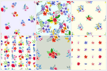 Seamless pattern set. Vector floral design with wildflowers. Romantic background collection