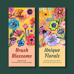 Flyer template with brush florals concept design for brochure and leaflet watercolor vector illustration
