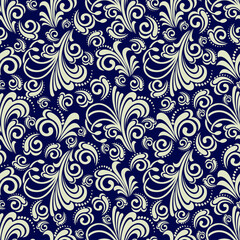 Seamless blue background with beige pattern in baroque style. Vector retro illustration. Ideal for printing on fabric or paper for wallpapers, textile, wrapping. 