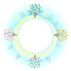 鳥が集まる木と丘の四季のベクターパノラマラウンドイラスト