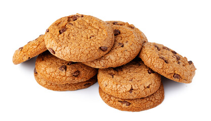 Pile of chocolate chip cookies isolated on white background