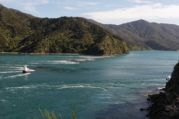 Strong incoming tide at Te Aumiti/French Pass which separates D'Urville Island from the South Island, New Zealand. The tidal flow at French Pass is the strongest in New Zealand.