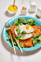 pumpkin pancakes with Fried Eggs and Greens