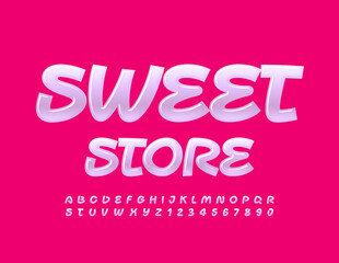 Vector creative sign Sweet Store. Candy Glossy Font. Shiny artistic Alphabet Letters and Numbers set