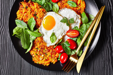 carrots pancakes with Fried Eggs and Greens