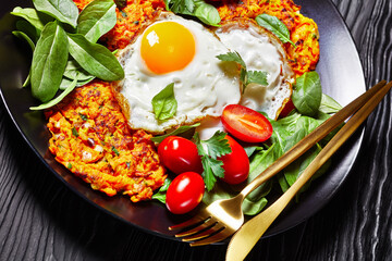 winter squash latke with Fried Eggs and Greens