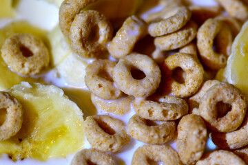 Cerial banana and millk.  Macro image