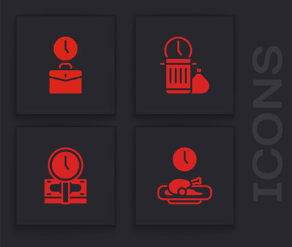 Set Food Time, Work, Waste Of And Time Is Money Icon. Vector.