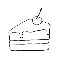 Piece of cake with cherry. Contour hand drawn illustration isolated on a white background, vector