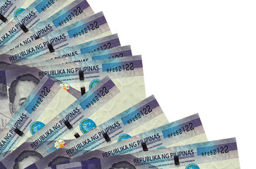 100 Philippine piso bills lies isolated on white background with copy space stacked in fan close up