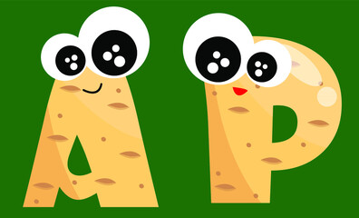 funny cartoon alphabet. vector illustration of a and p letters, potato theme. for wallpapers, backgrounds, icons, logos, symbols