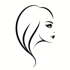 Beauty salon, hair studio illustration.Wavy hairstyle woman with elegant makeup.Cosmetics and spa icon isolated on light fund.Young lady portrait.Beautiful model face.Luxury,glamour style.