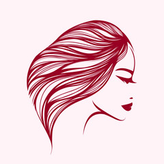 Hair salon and beauty studio illustration.Long, wavy hairstyle woman with elegant makeup.Cosmetics and spa icon isolated on light fund.Young lady portrait.Beautiful model face.Luxury,glamour style.