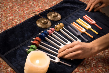Set of colour tuning forks for sound healing - obrazy, fototapety, plakaty
