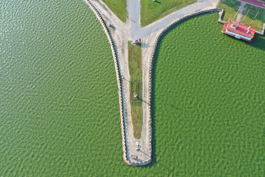 An Aerial Shot Of A Pathway On The Water Near A Park In Palic, Serbia