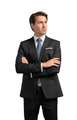 Businessman in black suit standing on isolated over white background. Young businessman arms crossed, looking away, serious confident look