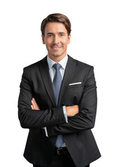 Businessman smiling in black suit standing on isolated over white background. Young happy businessman arms crossed, looking at the camera
