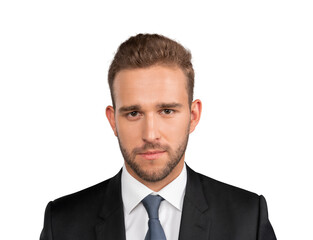 Young businessman in suit, closeup portrait shot of caucasian office manager. Serious handsome guy in office clothes, isolated over white background