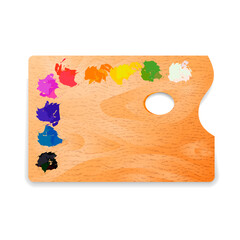 Classic rectangle wooden artist palette with oil paints on white