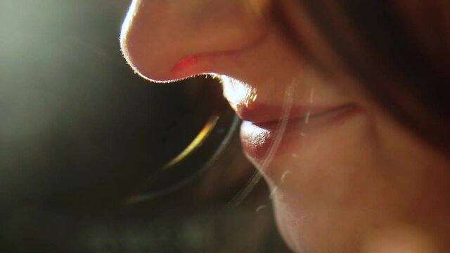 beautiful young smiling woman with makeup. Extreme close-up nose and lips female portrait against bright sunlight 