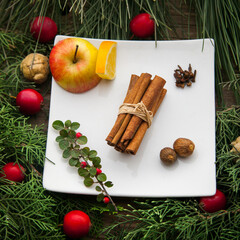 Ingredients for cooking glint wine at home. Christmas drink-making with colorful products