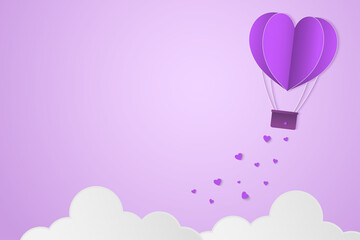 Obraz na płótnie Canvas Paper Style love of valentine day violet tone , balloon flying over cloud with heart float on the sky, couple honeymoon or gay lover , vector illustration background