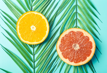 Oranges and grapefruits on a colored background. Sliced citrus tropical fruits on palm leaves....